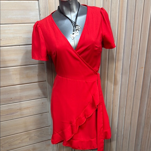 SHEIN Dresses & Skirts - SHEIN Red Puff Sleeve Wrap Mini Dress